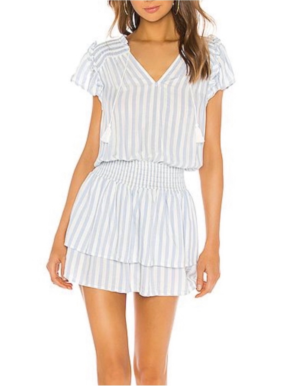 PAIGE White and Light Blue Striped Mini Dress